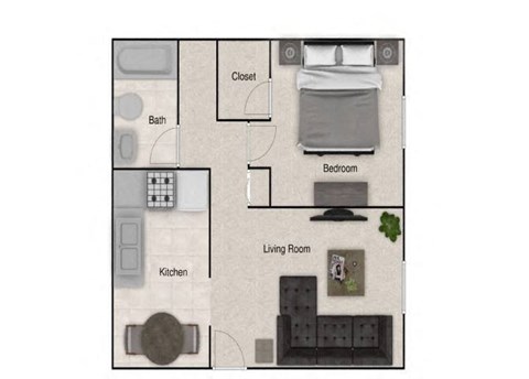 Floor plan for 1 bed, 1 bath, 600 sqft